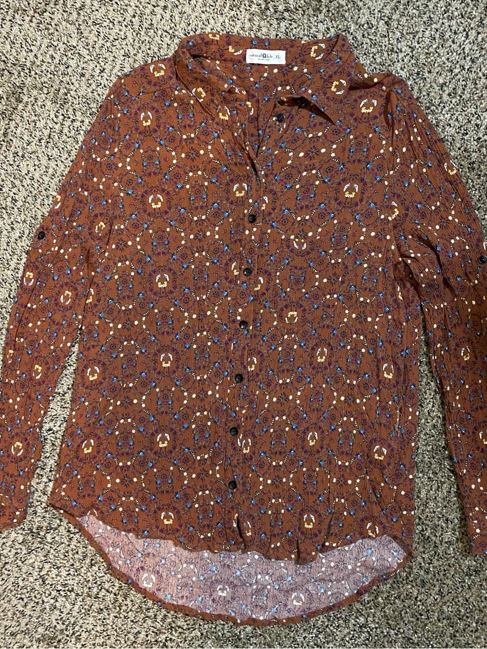 Natural Life Rust Brown Floral Print Long Sleeve Button-down Shirt
